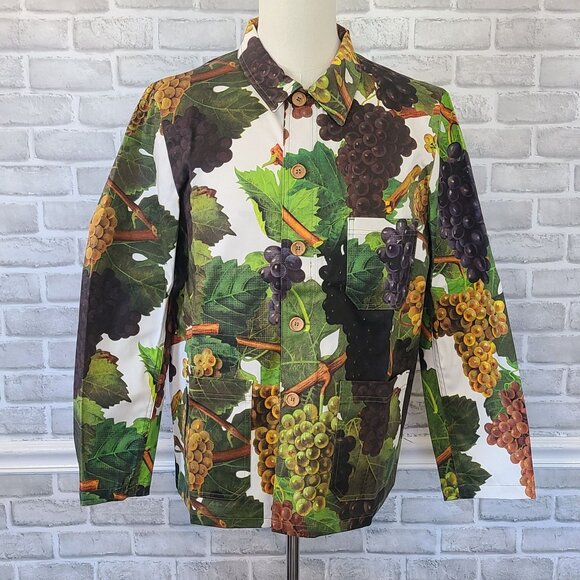Flan Labs Printed Denim Jacket Men M Green Grapes Button Up NEW Art to Wear $495 - Picture 10 of 11